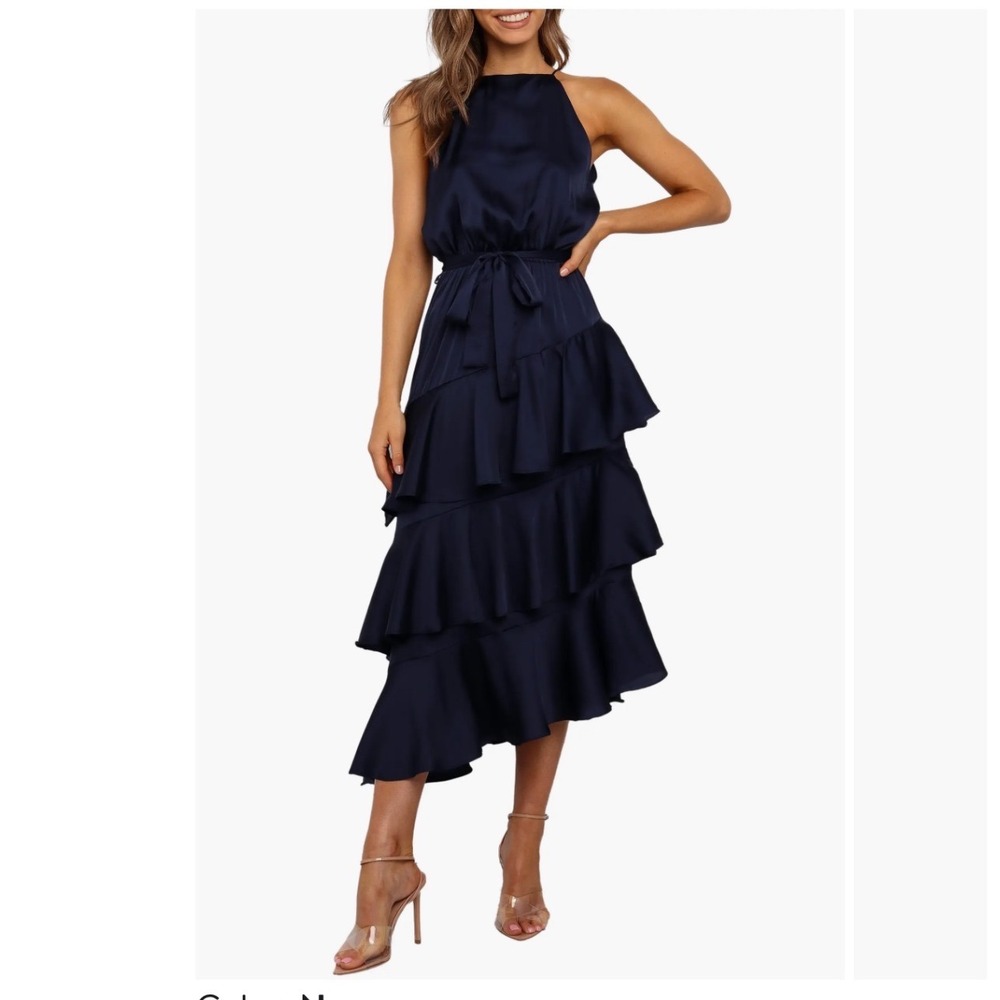 Petal + Pup Seychelle Navy Satin Tiered Ruffle Midi Dress US 8 Wedding Guest
